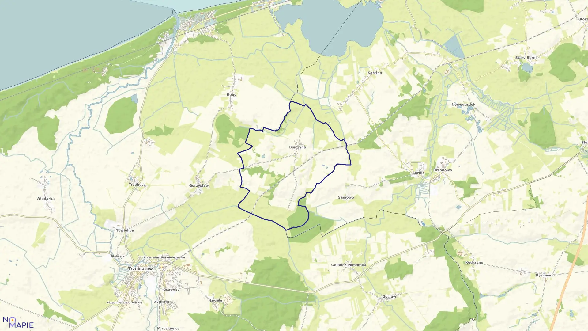 Mapa obrębu Bieczyno w gminie Trzebiatów