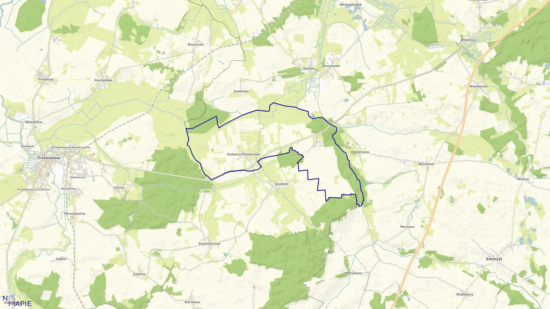 Mapa obrębu Gołańcz Pomorska w gminie Trzebiatów