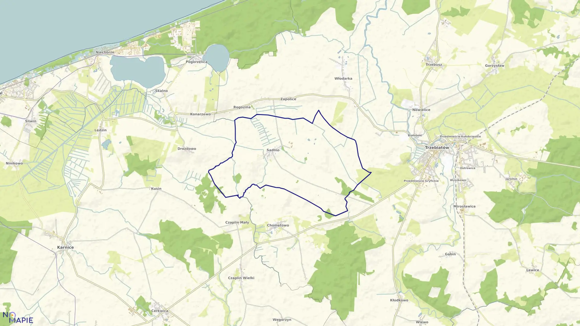 Mapa obrębu Sadlno w gminie Trzebiatów